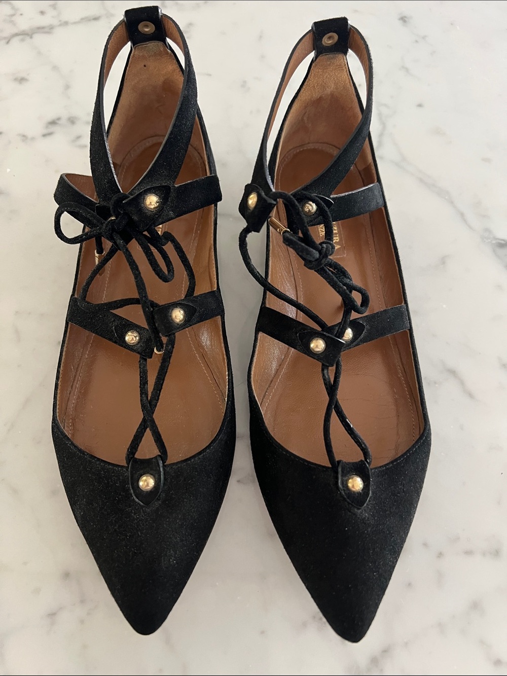Aquazzura Black Suede Pointed Lace-Up Flats with Gold Accents
